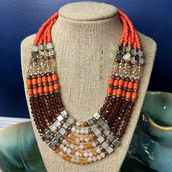Multi Strand Browns Oranges Beads & Crystals Beautiful Necklace - Picture 1 of 4